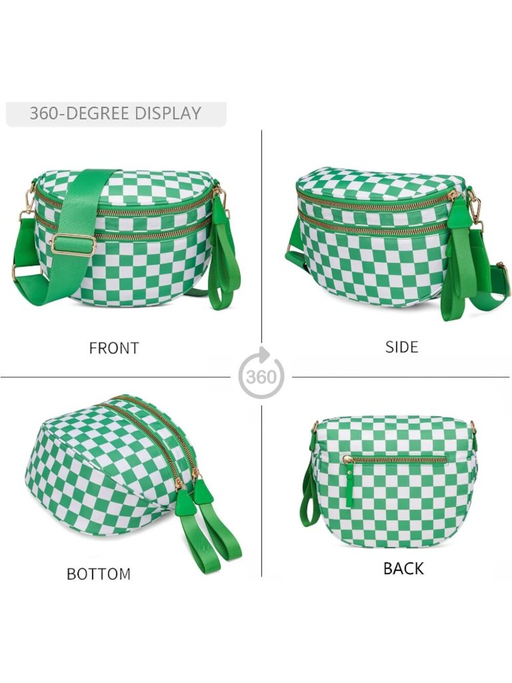Women's Green Spacious Checkered Double-Zipper Compartment Fashion Crossbody Bag - Picture 6 of 6